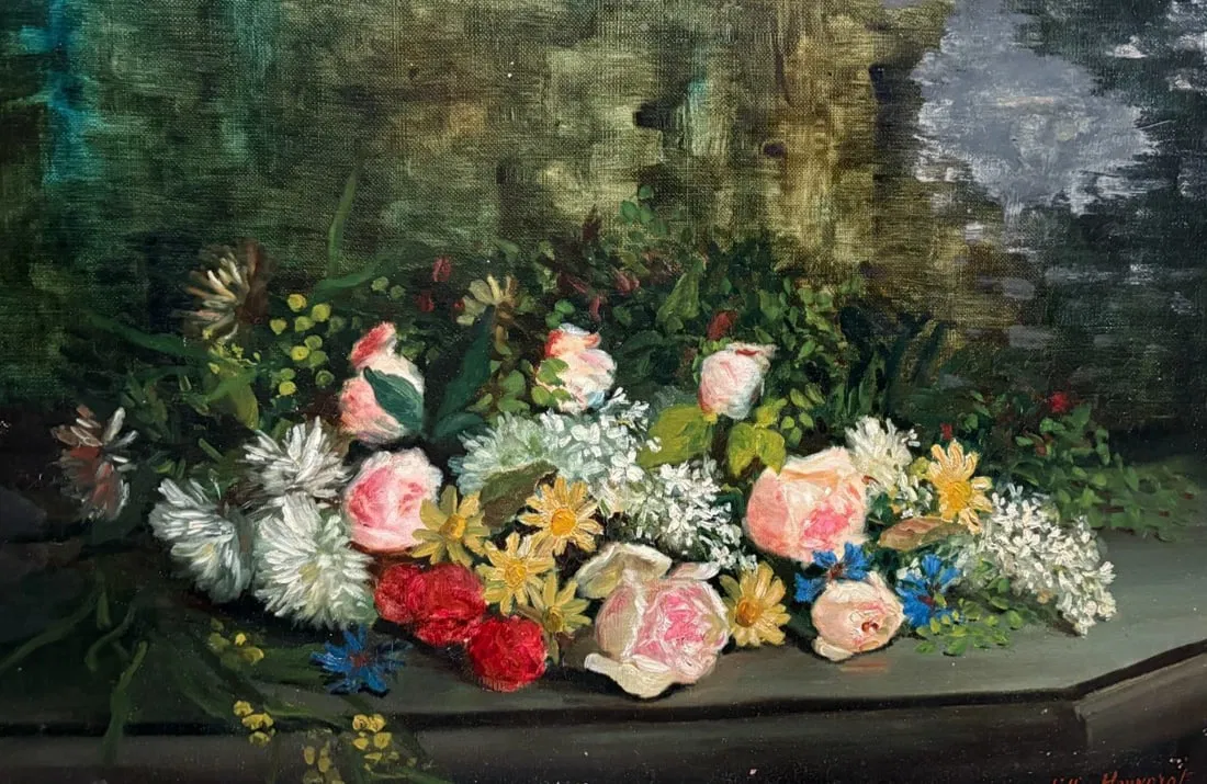 Antique Painting Original Flowers, Floral, Still Life signed Lillie HONNORAT