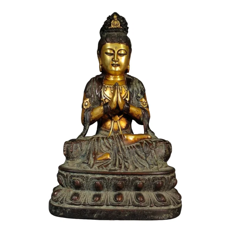 Antique Patina Purple Copper Gilded Gold Guanyin Statue