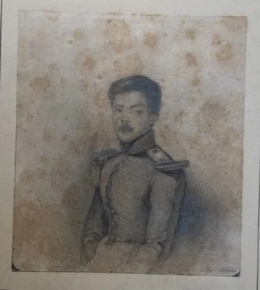Antique Pencil Original Drawing 19th century Military Man Portrait