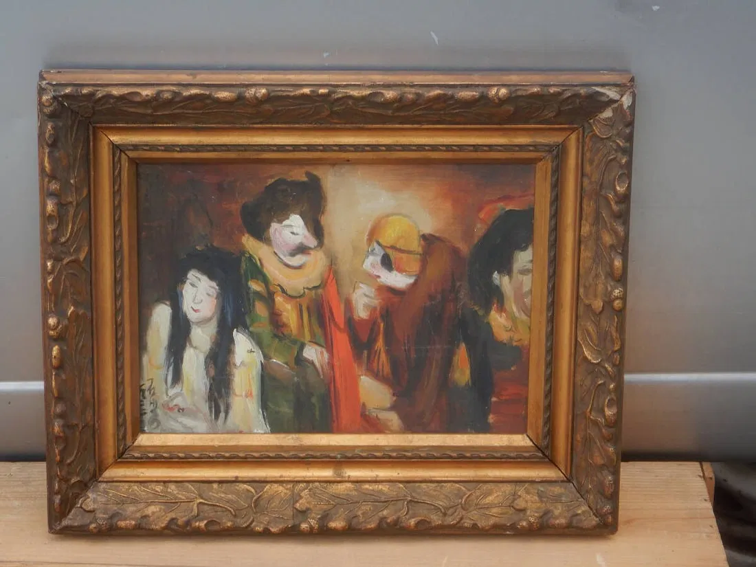Antique (Pre-War) Oil Painting on Board – Shutaro Ishikawa Backstage Before the Opening of Cyrano