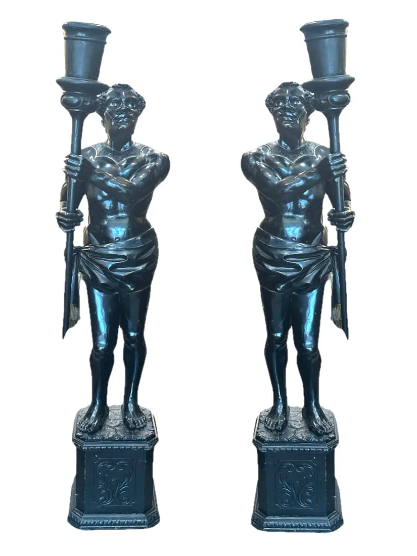 Antique Rare Large Pair of Carved Wood Blackamoor Figures with Crystal Eyes