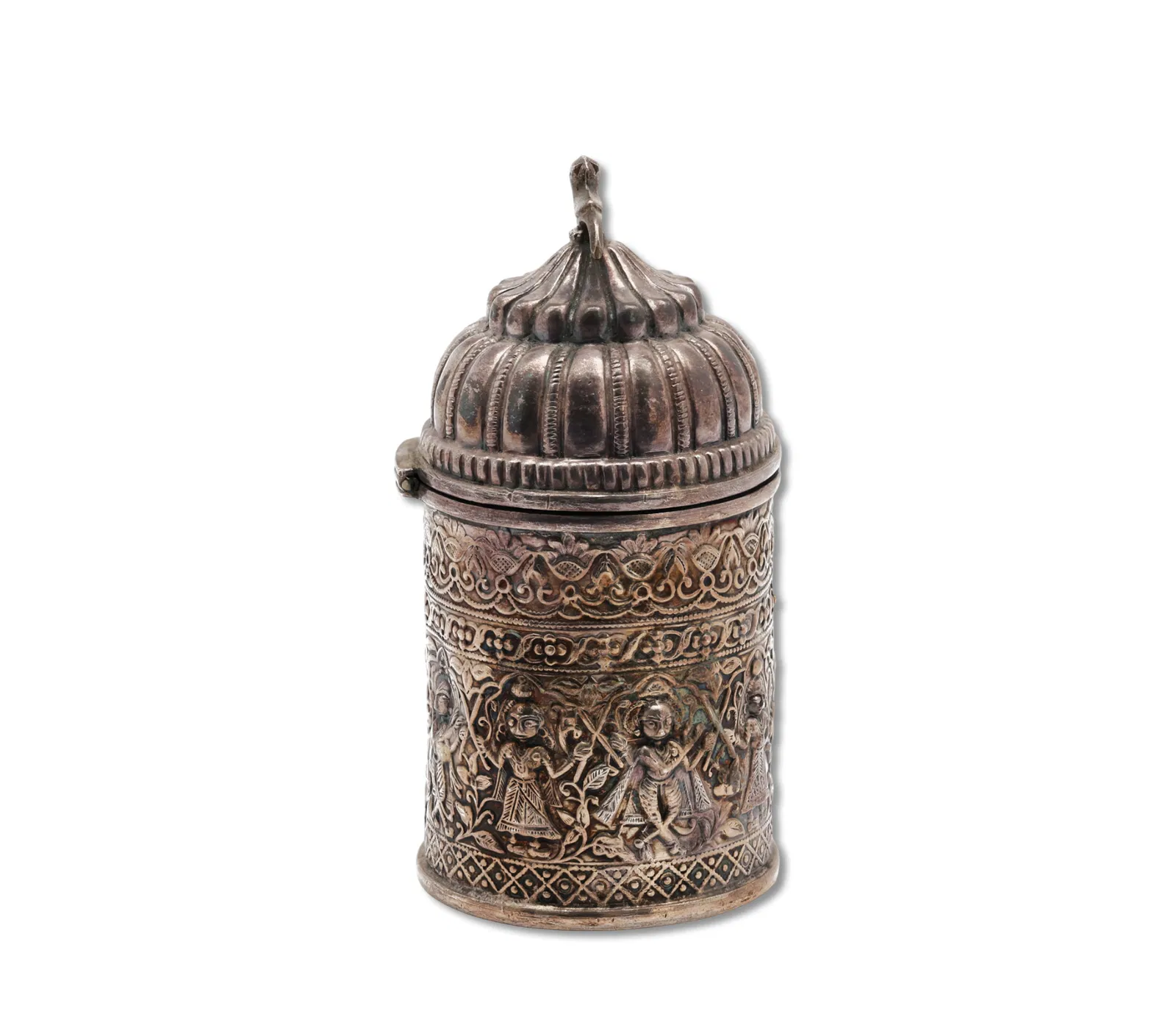 Antique Silver Cylindrical Box with Hinged Lid & Figural Relief Decoration