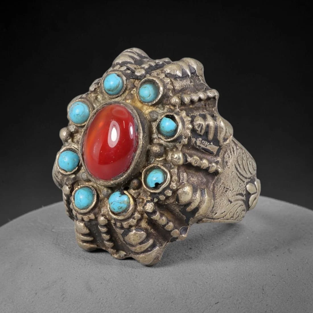 Antique Silvered Ring - Eurasian Steppe Carnelian Turquoise Cluster, 35BK