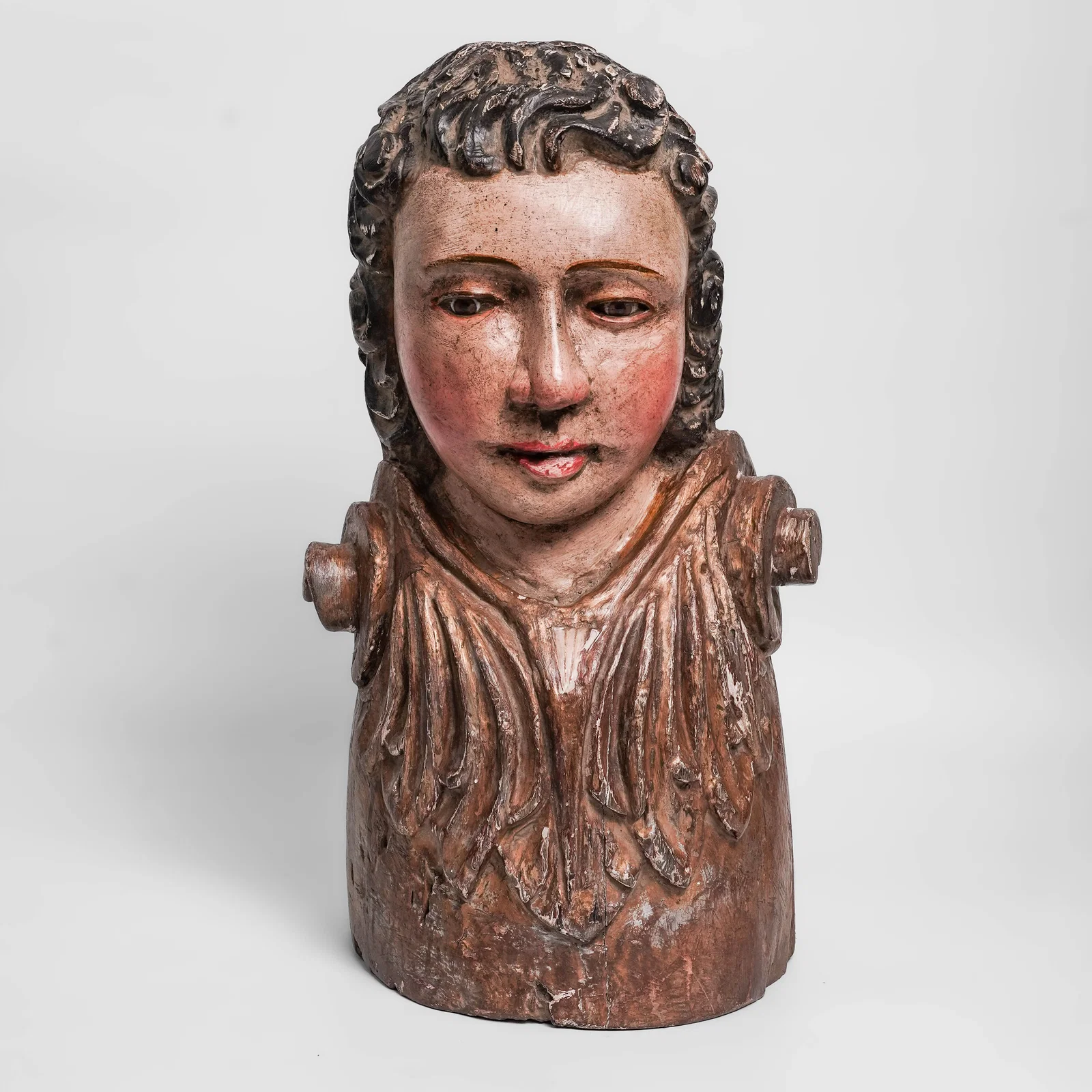 Antique Spanish Colonial Polychrome Wood & Glass Eyes Figure