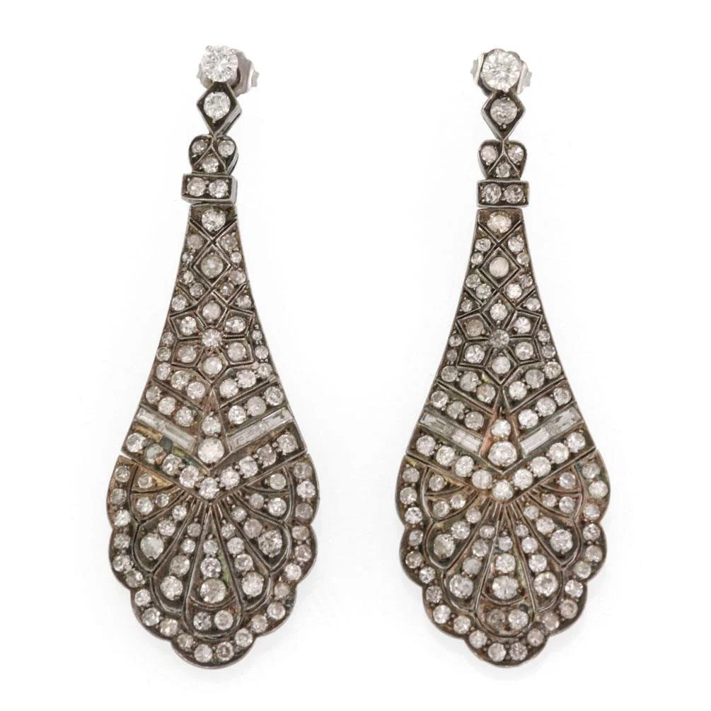 Antique Sterling Silver 5ct Diamond Long Chandelier Earrings