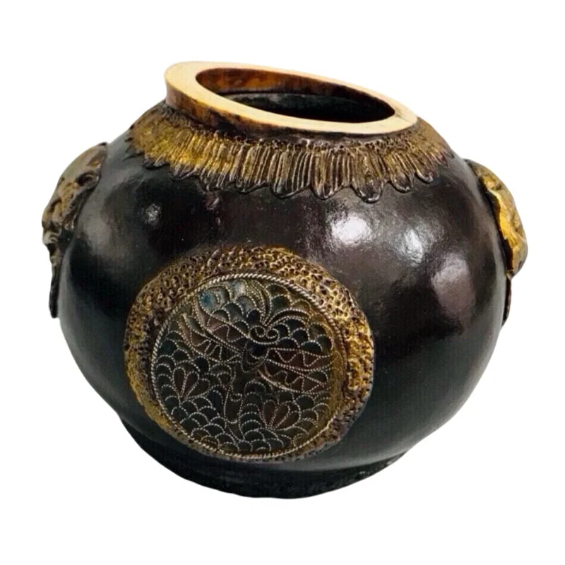 Antique Tibetan lacquerware gourd-shaped container with double beasts.