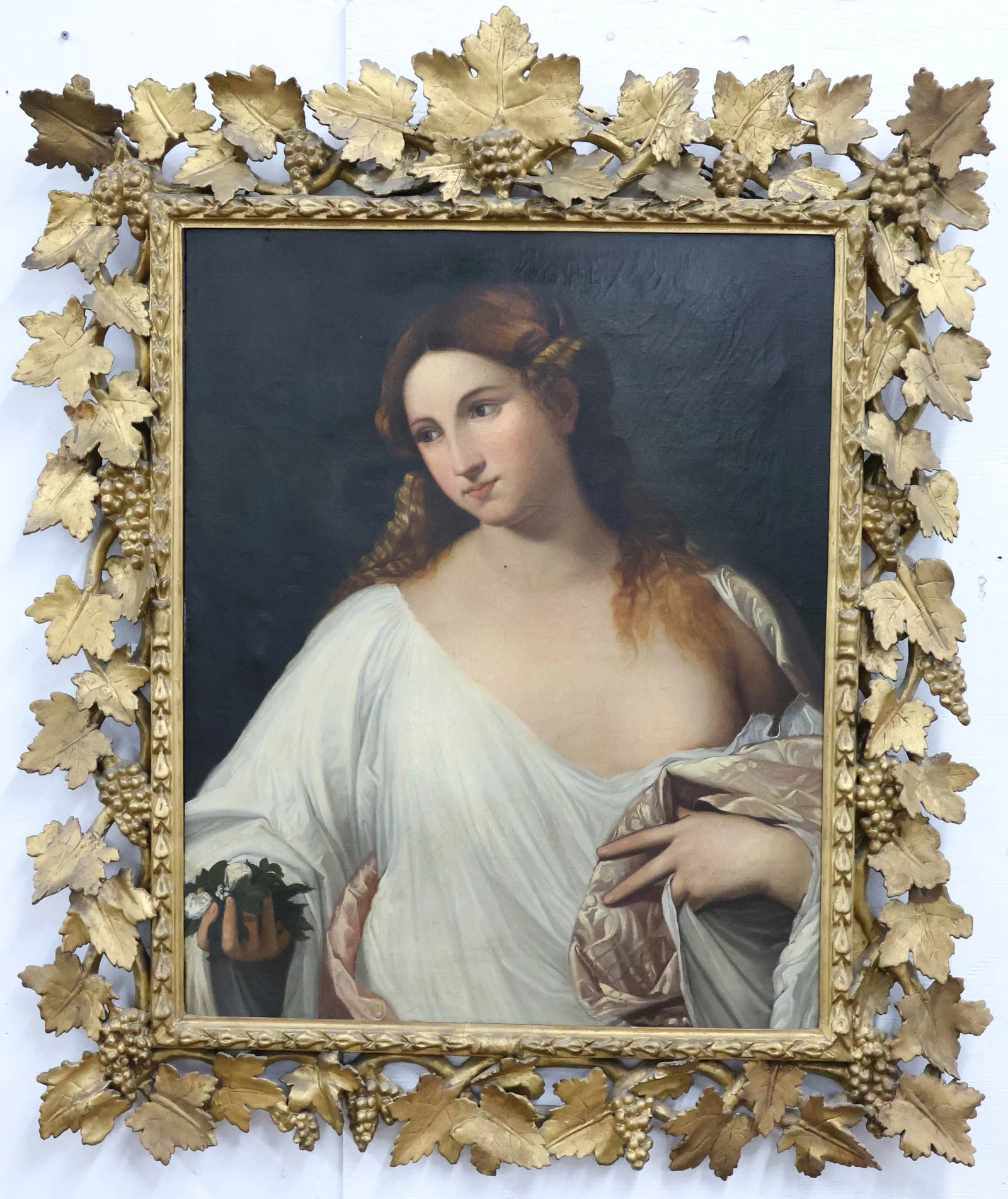 Antique Venetian Renaissance Style Oil on Canvas of Flora