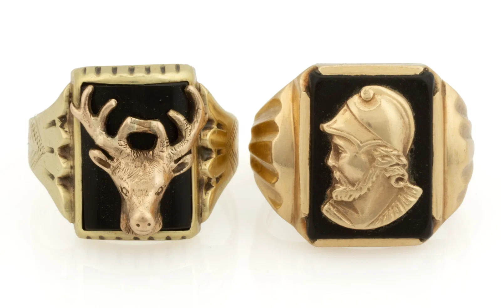 ANTIQUE / VINTAGE 10K AND 14K YELLOW GOLD AND STONE FIGURAL MEN'S RINGS, LOT OF TWO