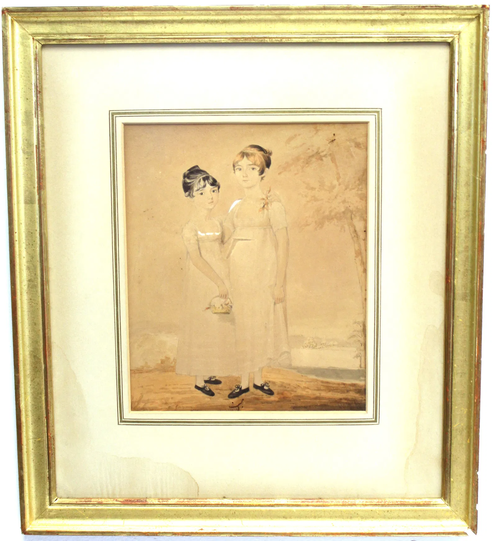 Antique watercolor portrait of 2 young girls - 1 holding a basket of flowers & 1 w a corsage -
