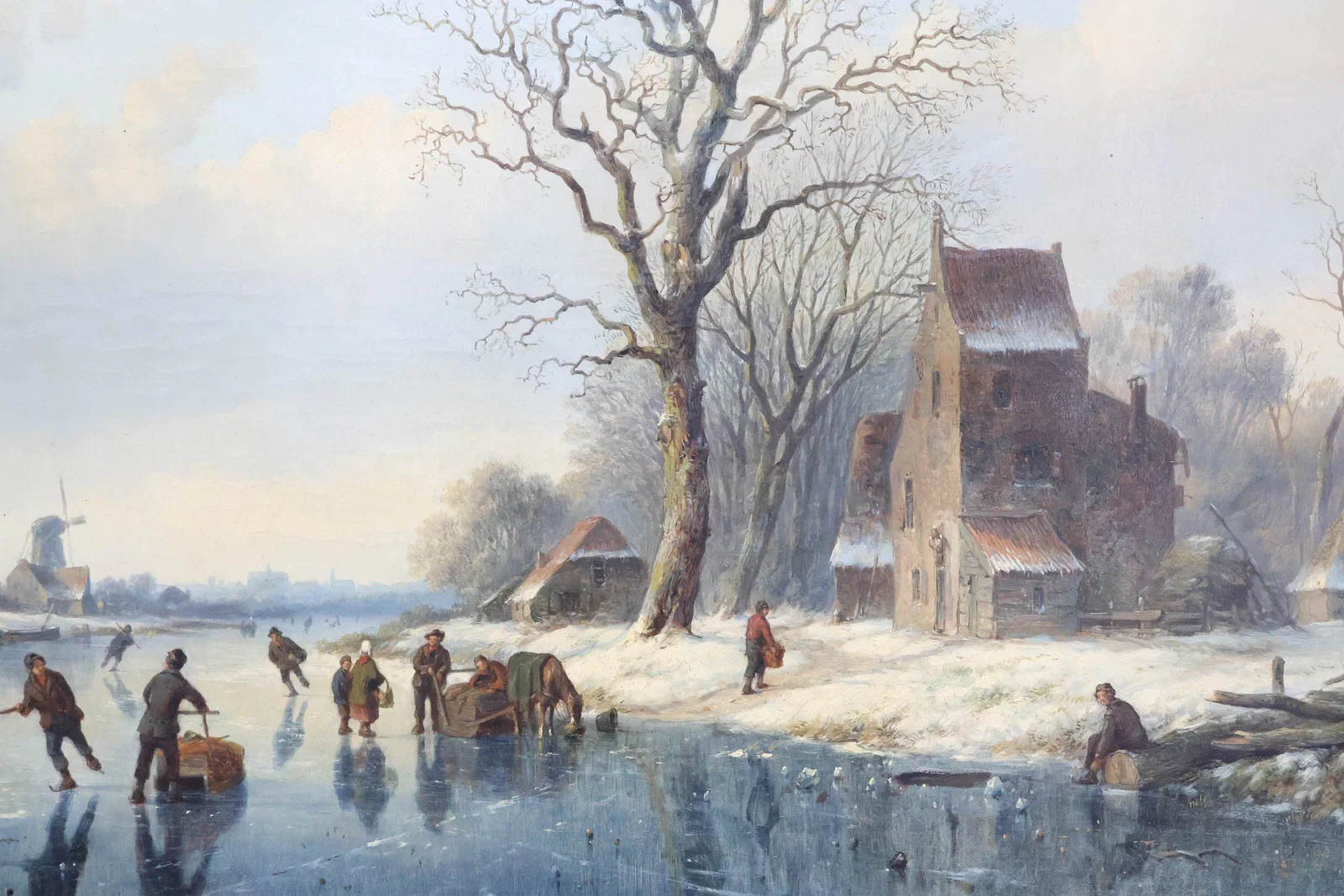 Antique Willem Vester Oil on Canvas of Ice Skaters on Pond