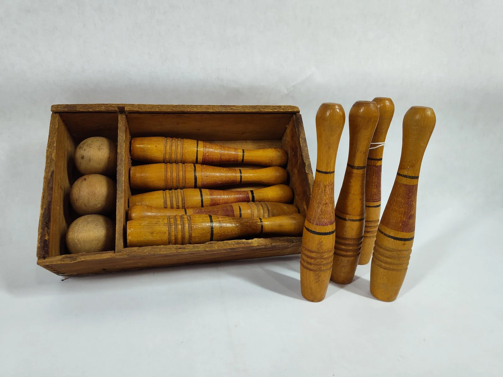 Antique Wooden Tabletop Skittles or Ninepins Game in Dovetail Comparted Tray