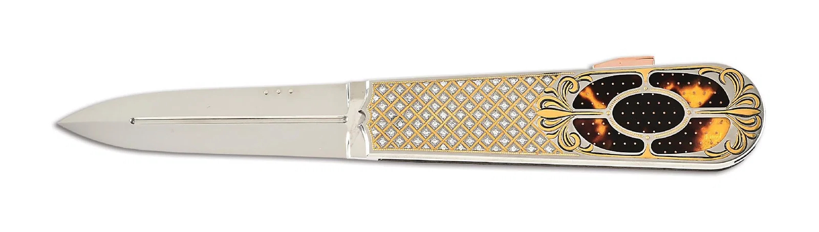 ANTONIO FOARIZZU DIAMOND ENCRUSTED PIQUED LOCKBACK DAGGER ENGRAVED BY JULIE WARENSKI.