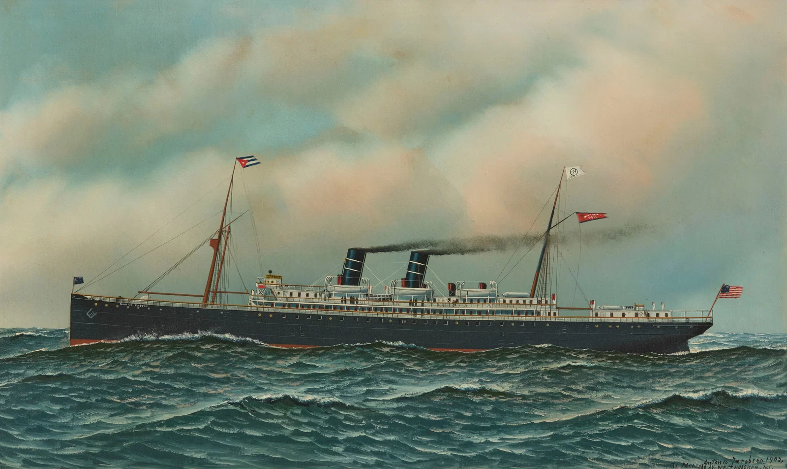 ANTONIO JACOBSEN, (American, 1850-1921), Morro Castle, 1902, oil on canvas, 18 1/8 x 30 1/8 in.,