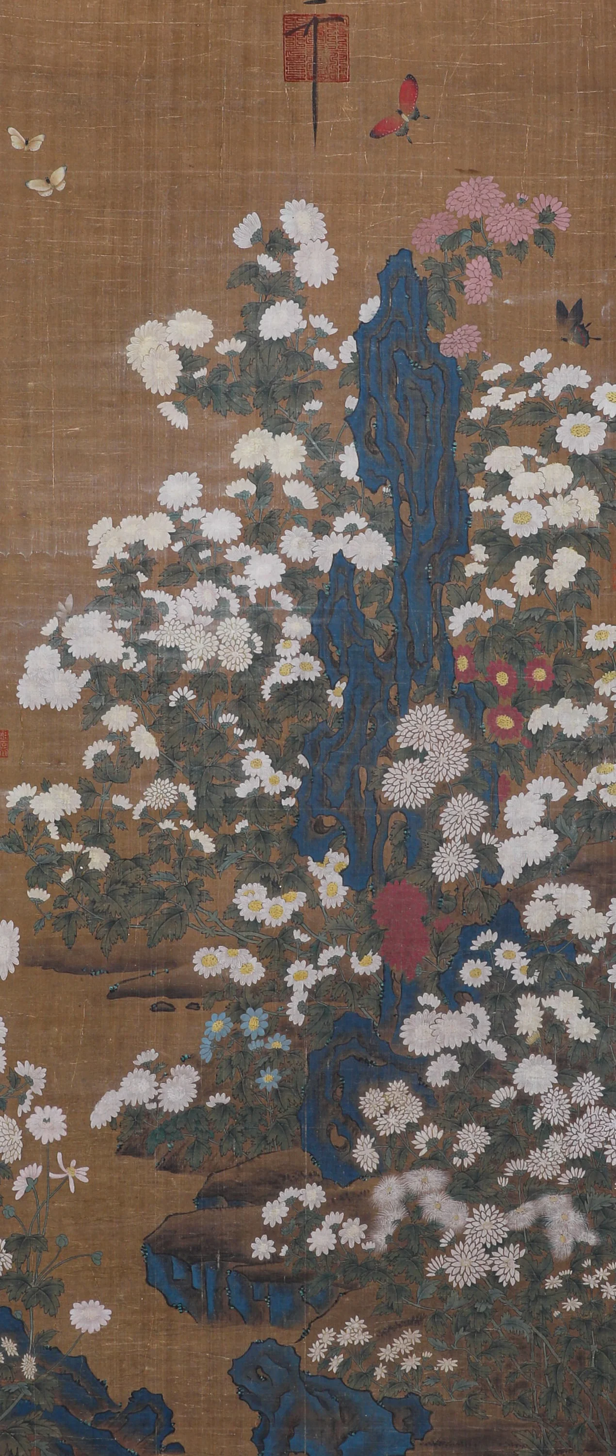 APPRECIATING STONES, CHRYSANTHEMUMS, BUTTERFLIES, ANONYMOUS, A FINE VERTICAL SCROLL ON SILK