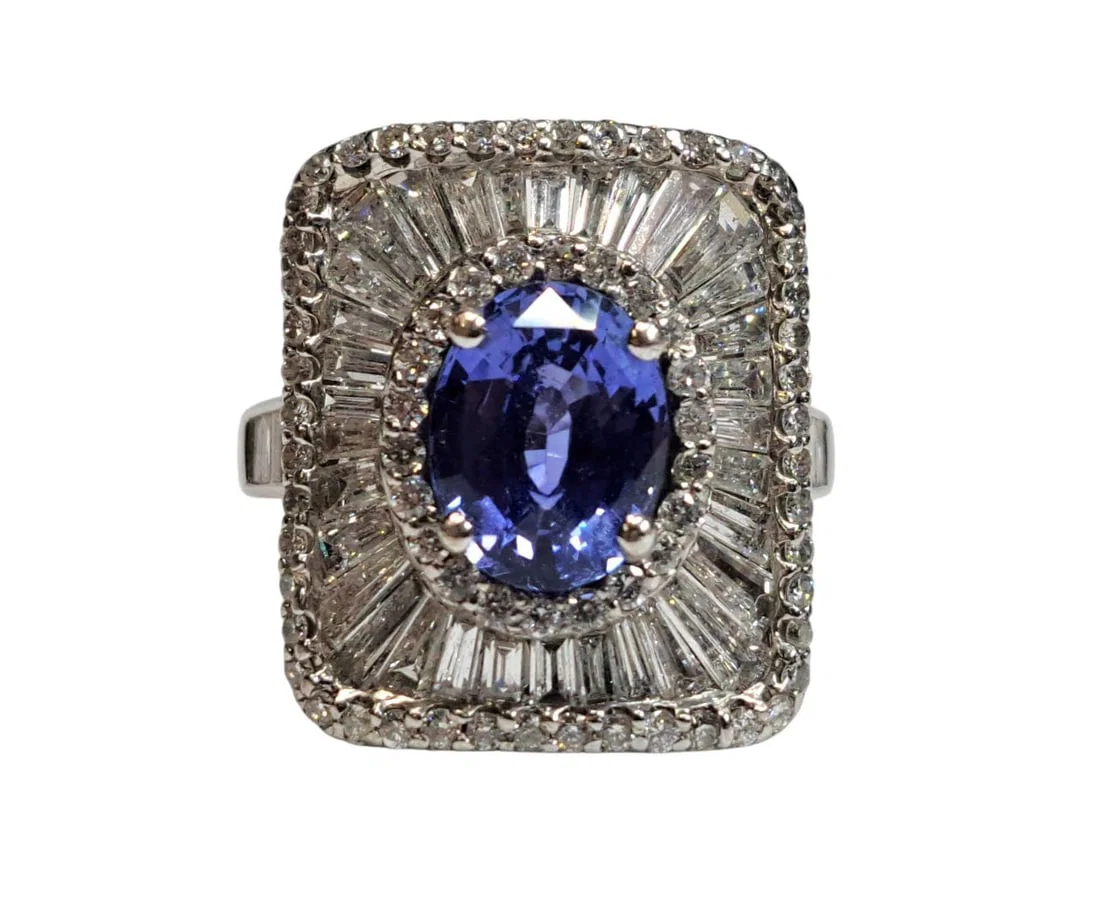 Approx 2.75ct Natural Blue Sapphire Approx 3ctw Fine White Diamond Long Baguette Diamond Halo 18k