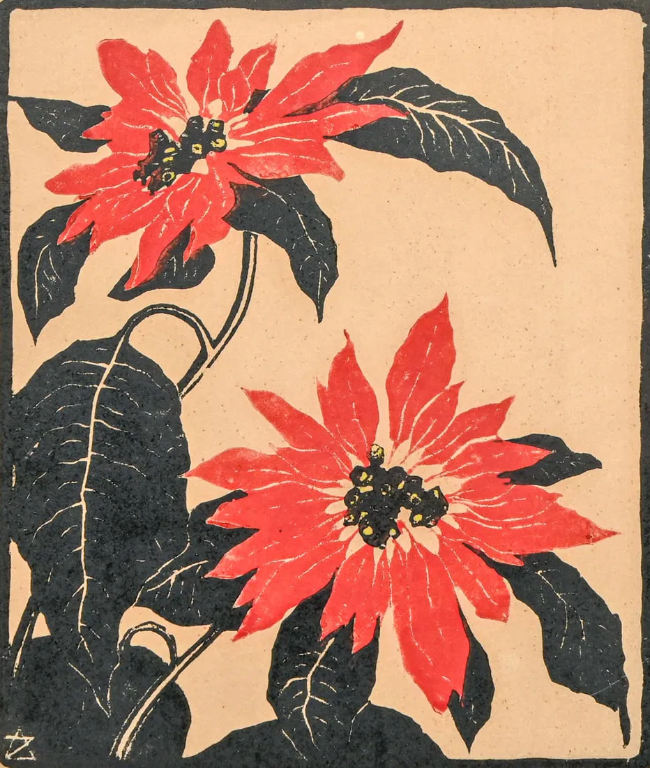 Arie Zonneveld (Dutch 1905–1941) Color Woodcut "Poinsettia" c1920s/30s