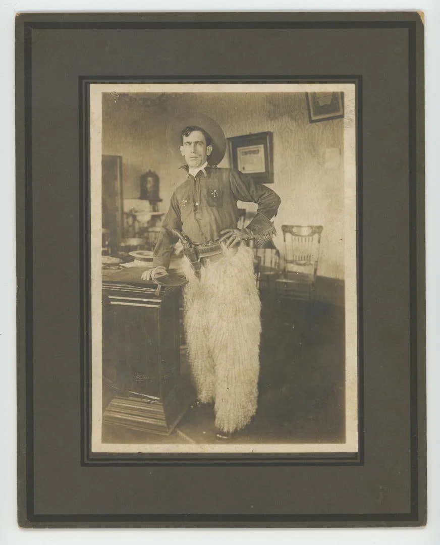 Armed Cowboy in Wooly Chaps Cabinet Photo
