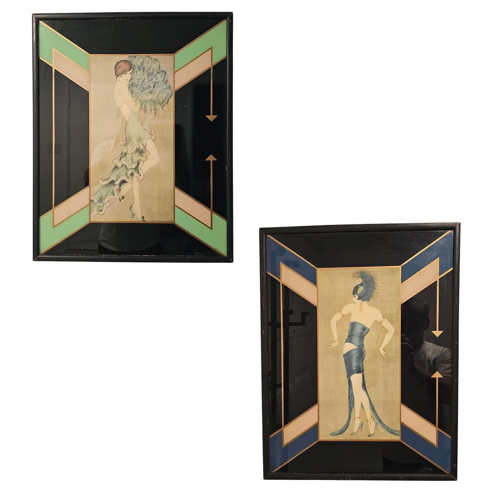 Art Deco Flapper Fashion Illustration "Tanz" Prints Frames by Vala Moro, Pair