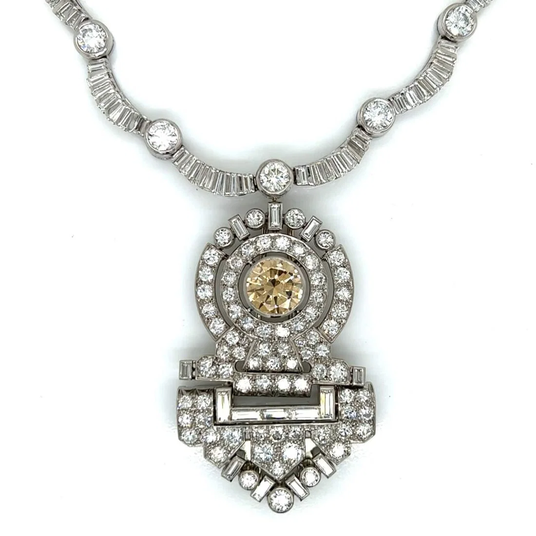 Art Deco French Platinum Necklace with 3.60 Ct Fancy Orange Brown Diamond