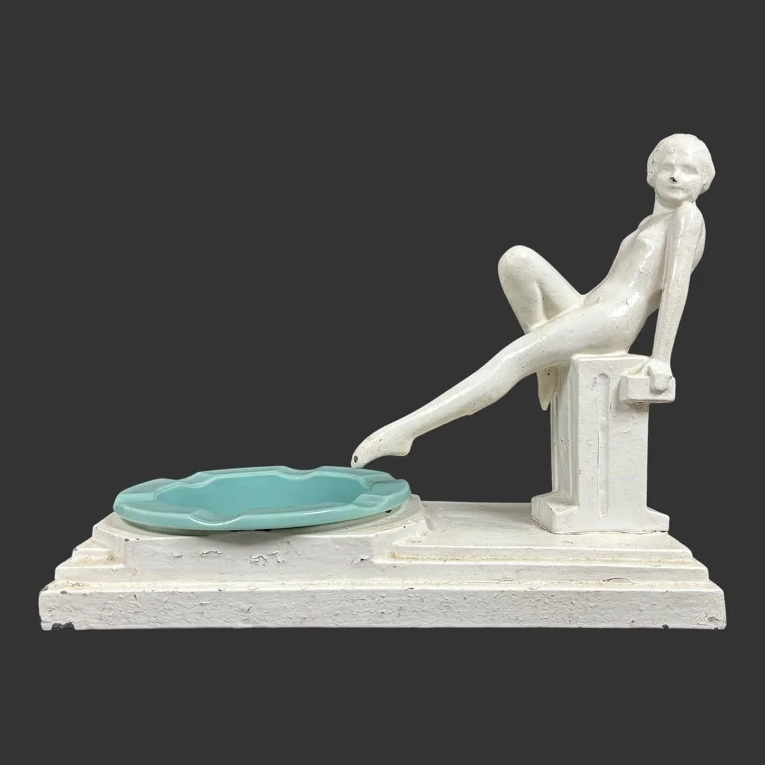 Art Deco Nude Woman Ashtray Turquoise Glass Insert