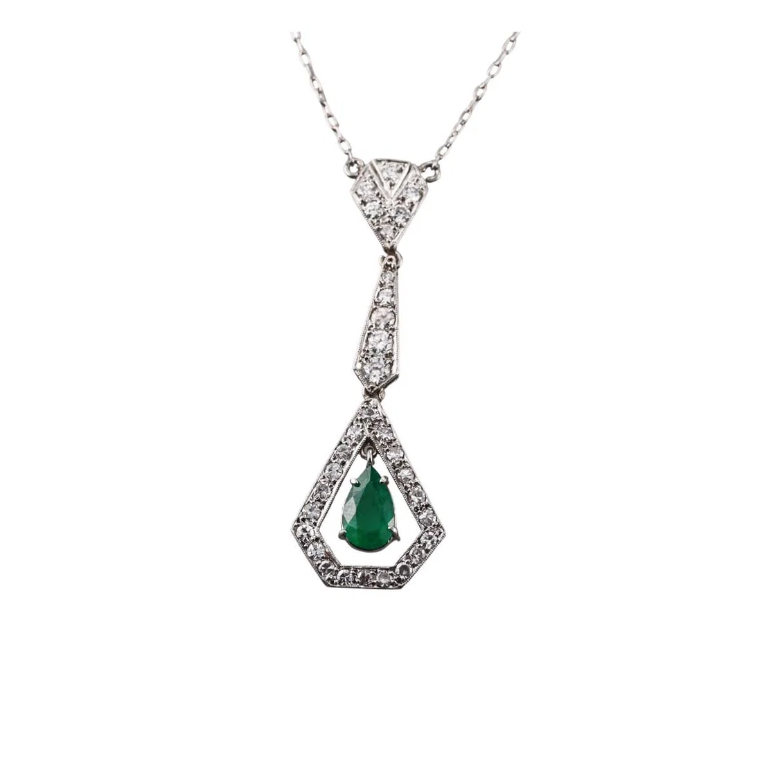 Art Deco Platinum Diamond Emerald Pendant Necklace