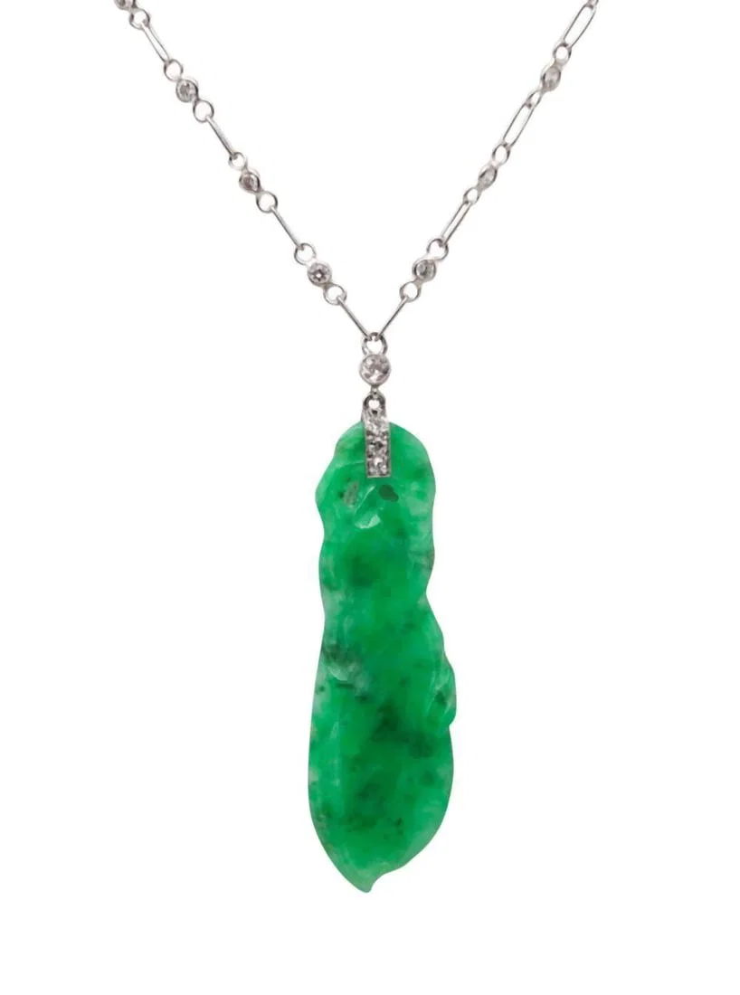 Art Deco Platinum Jade & Diamond Pendant Necklace