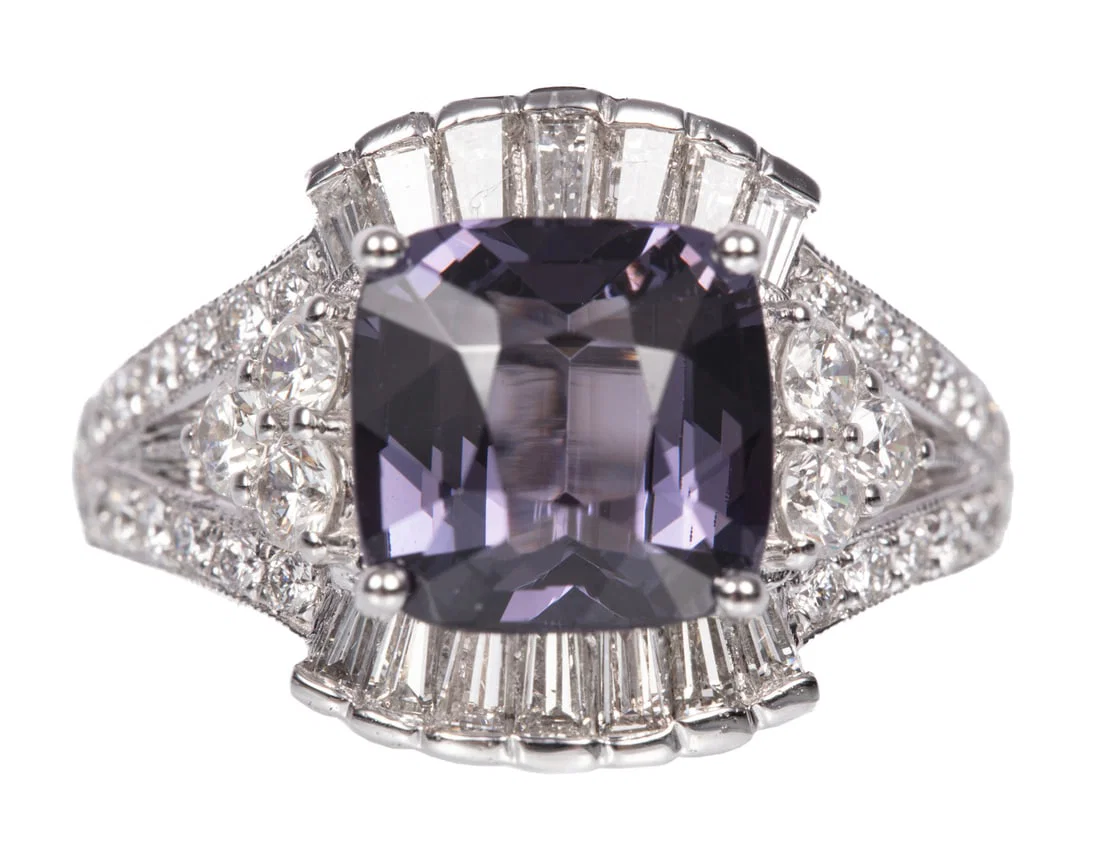 Art Deco Style Platinum, Purple Spinel and Diamond Ring