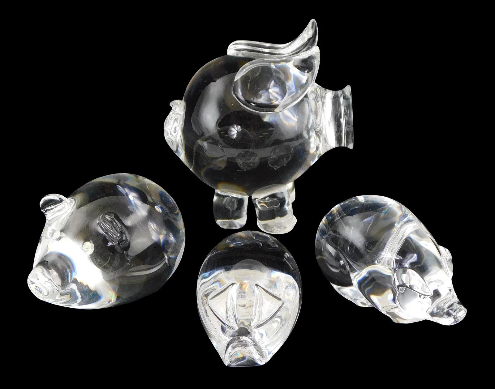 ART GLASS: Four Steuben pigs, all with signed base, including: large piggy bank form pig, bulbous