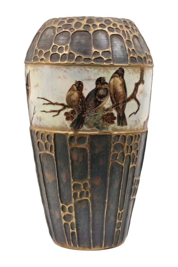 Art Nouveau Amphora Ceramic Vase with Thrush Bird Motif 18 Inch