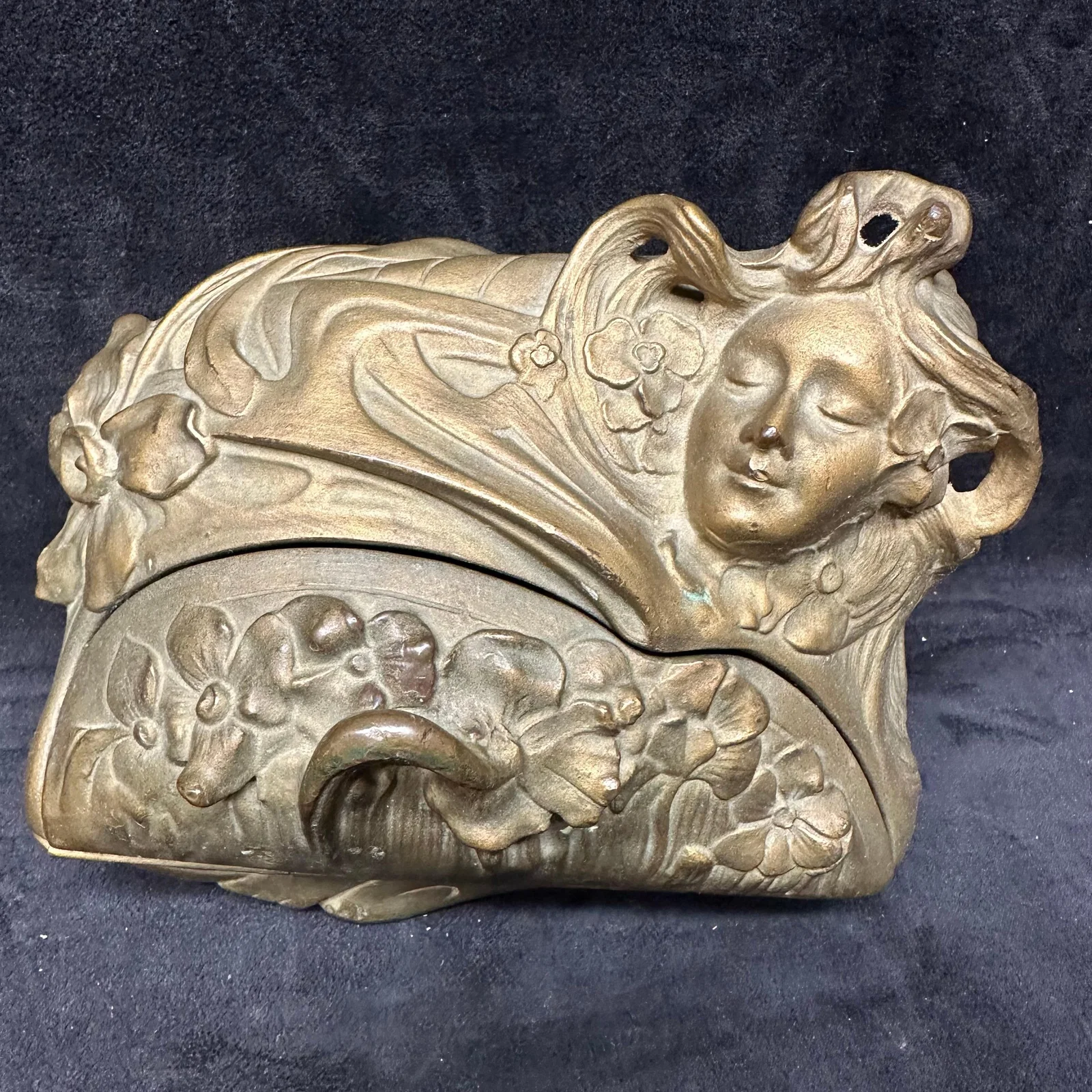 Art Nouveau Gilt Bronze Femme Fleuri Jewelry Box Signed Madurell