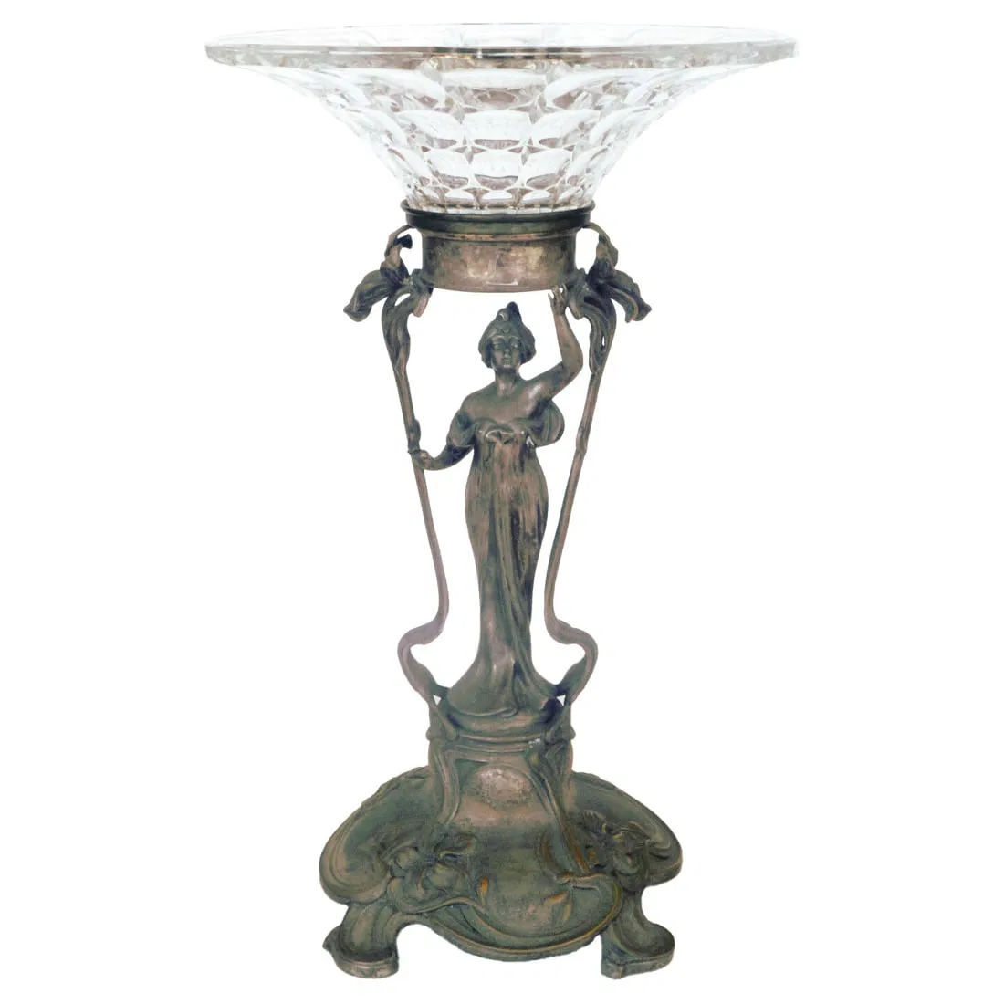 Art Nouveau Silver Plate Sculpture Woman with Glass Dish 1900