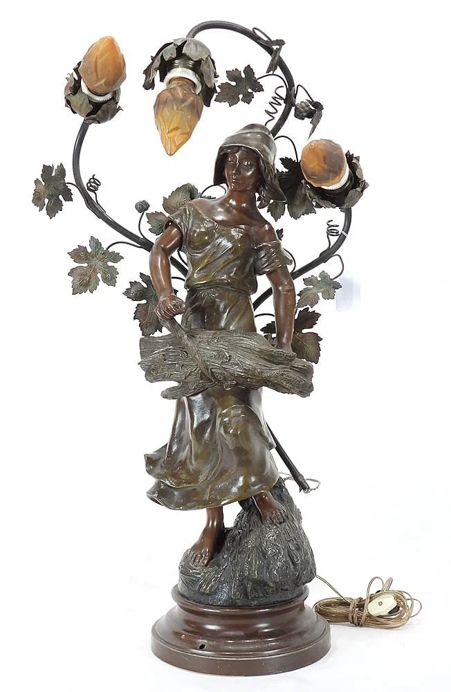 Art Nouveau Spelter Newel Post Lamp signed Rousseair, 26 3/4"h.