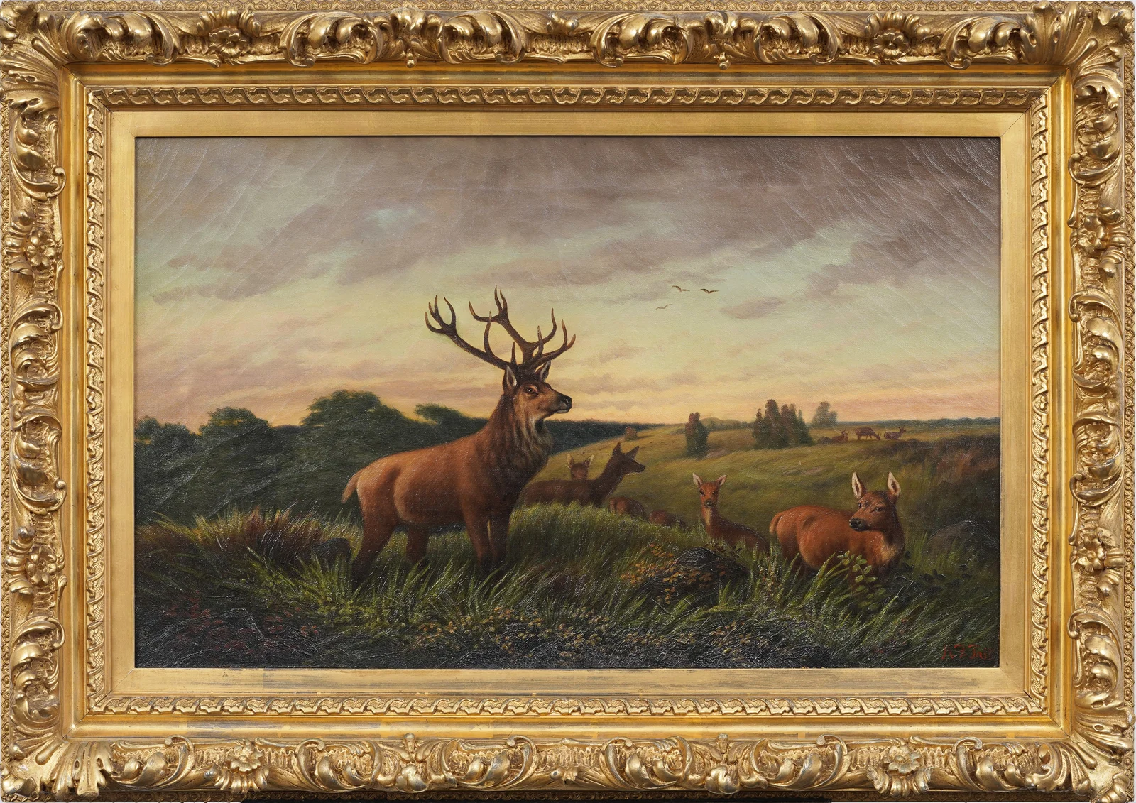 Arthur Fitzwilliam Tait (1819-1905) Signed Large American Deer Grazing Sunset Landscape Painting