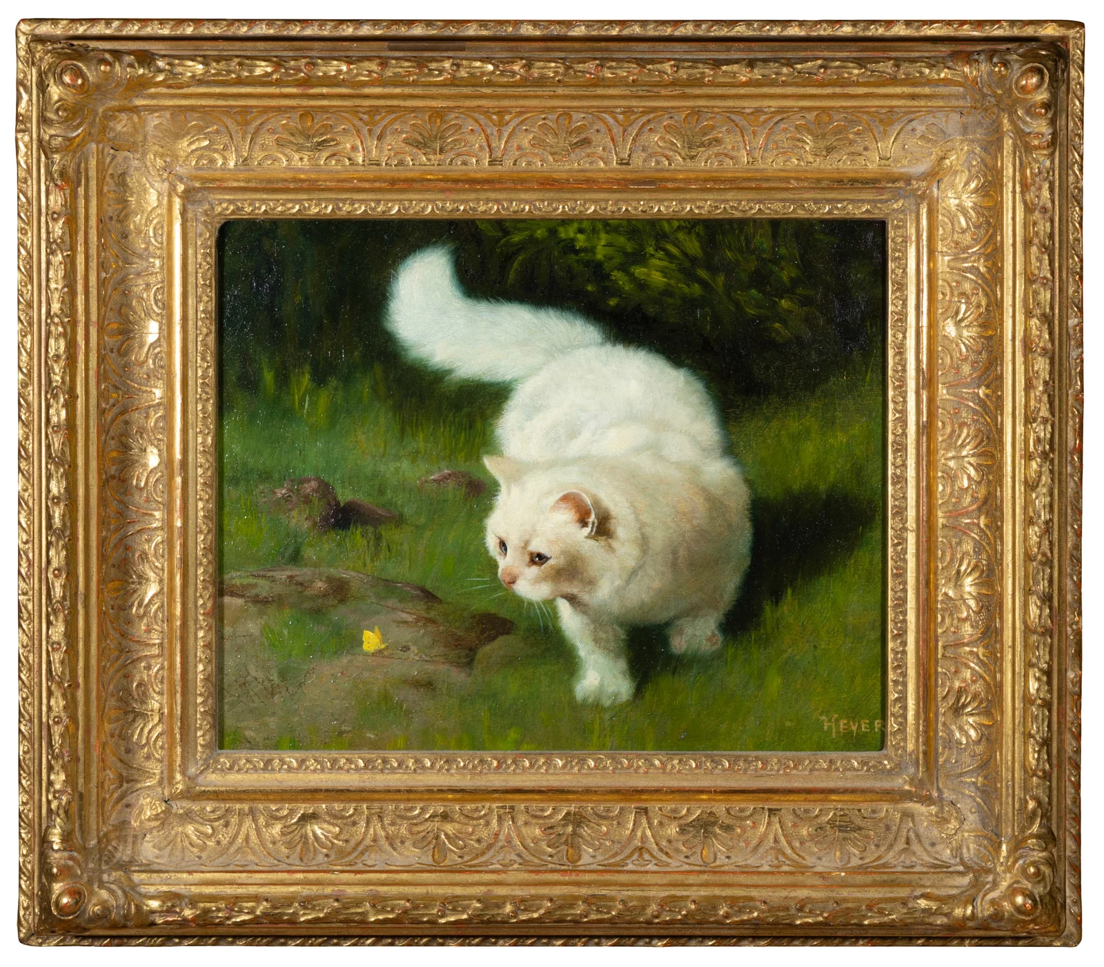 ARTHUR HEYER (GERMAN, 1847-1902) 'Curiosity', A White Angora Cat and a Butterfly Oil on board,