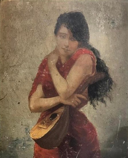 Artist:Edouard Bisson Young Woman with a Mandolin Oil on wood