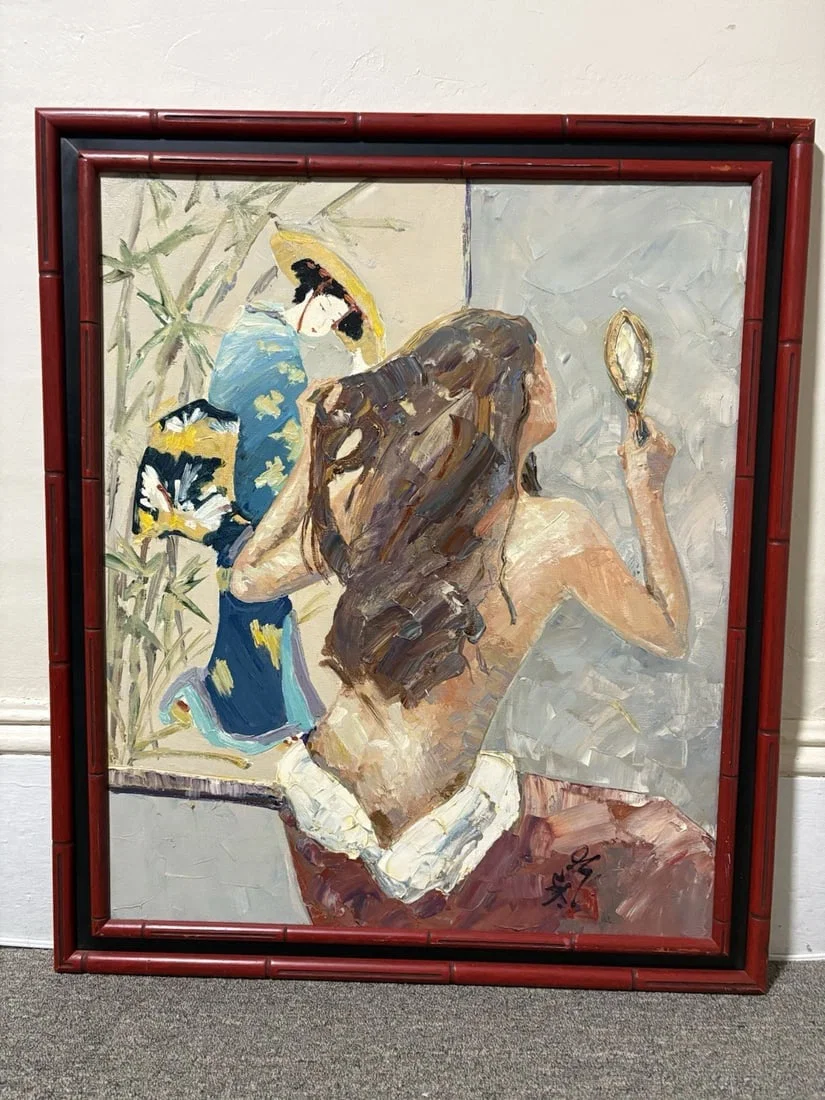 Artist Signed Japanese Impressionistic Woman Oil On Canvas Painting