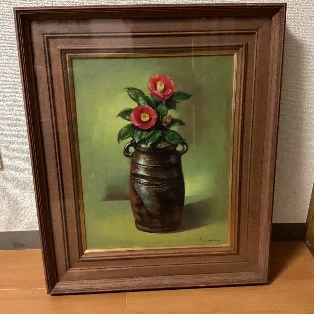 Artwork by Takashi Katsuro: Oil Painting "Camellia and Bizen Ware" with Wooden Frame and Glass Front