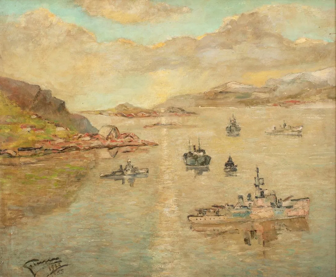 ASSEMBLING CONVOY P.Q HVAL FIORD OIL PAINTING