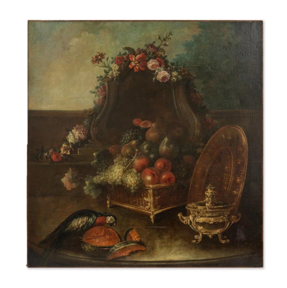 Atelier de Pierre Nicolas Huilliot (Paris 1674-1751) Nature morte aux fruits et fleurs avec un p...