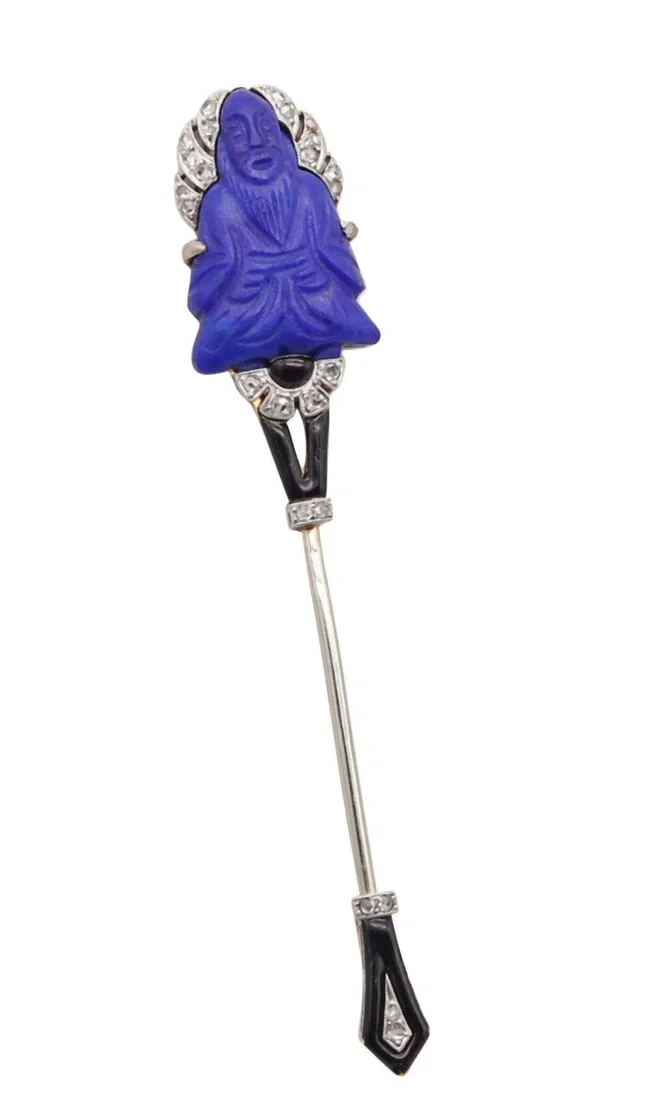 Attr. Lacloche Frères Platinum & 18Kt Lapis, Enamel, Diamond Brooch