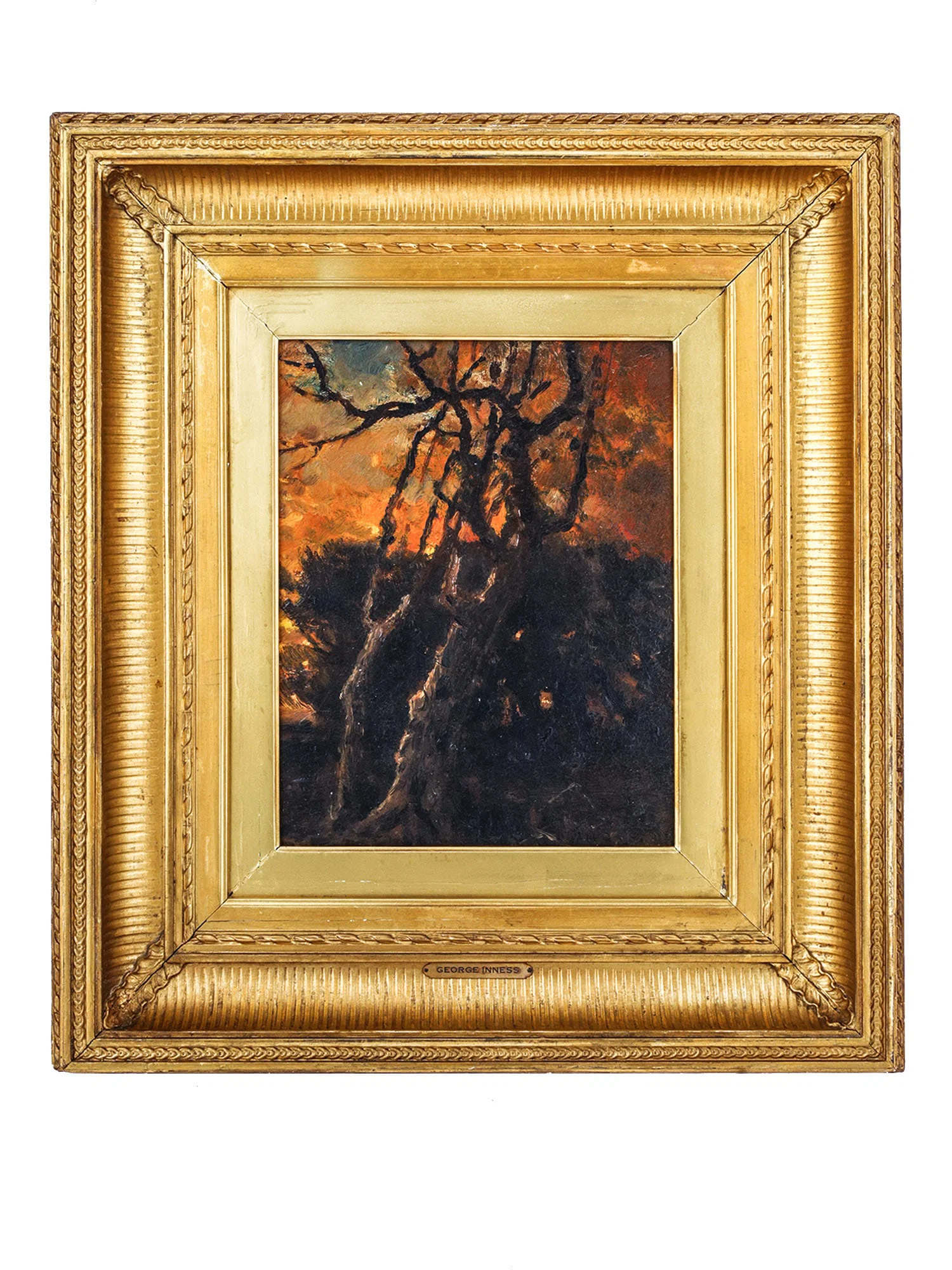 ATTR TO GEORGE INNESS (1825–1894) LANDSCAPE AT SUNSET OIL ON BOARD PAINTING