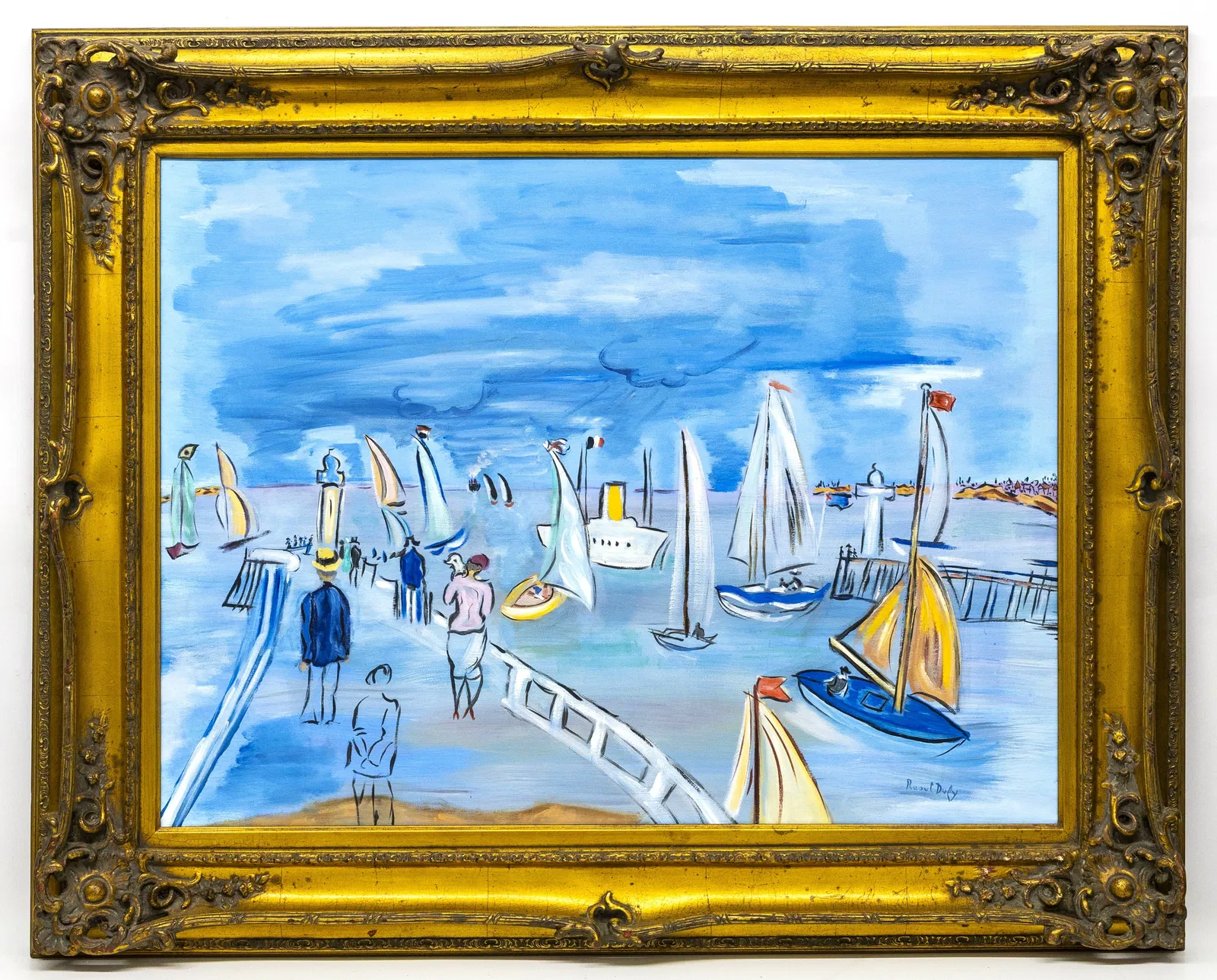 Attr to Raoul Dufy (French) Harbor Scene with Sailboats, Oil on Canvas Painting