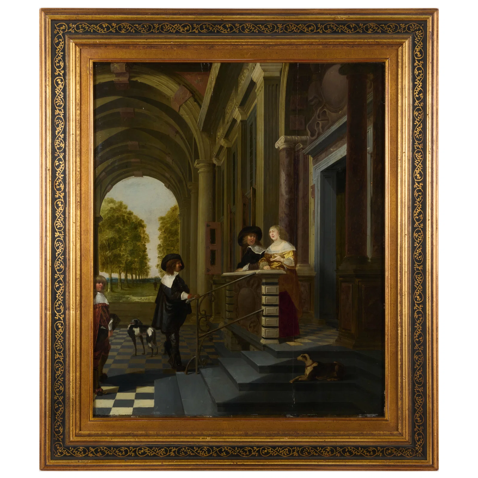 Attributed to Dirck Van Delen (1604/5-1672): An Arcade with Figures Conversing and a Landscape