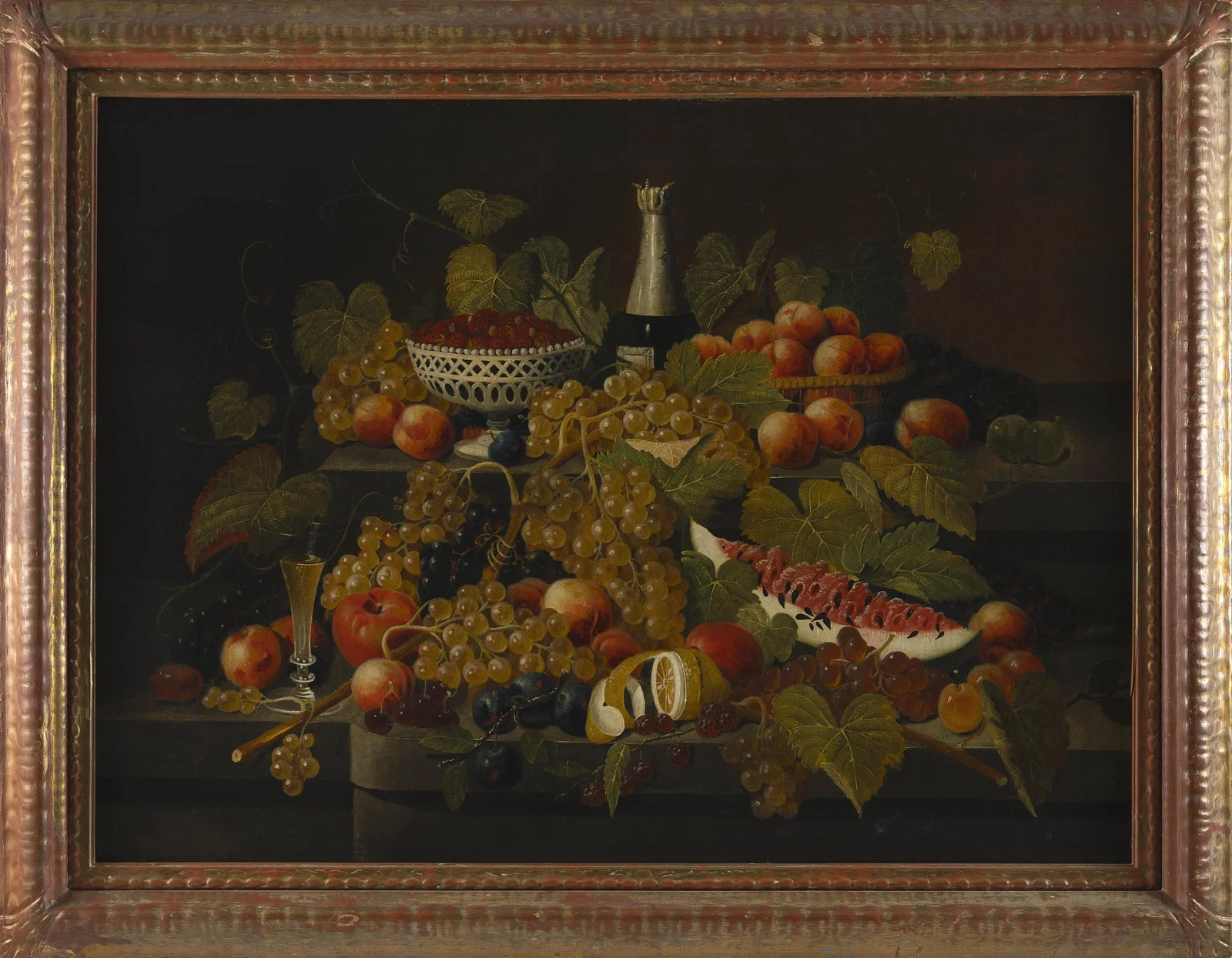 ATTRIBUTED TO SEVERIN ROESEN (Pennsylvania/Germany, 1815-1872), Lush tabletop still life., Oil on