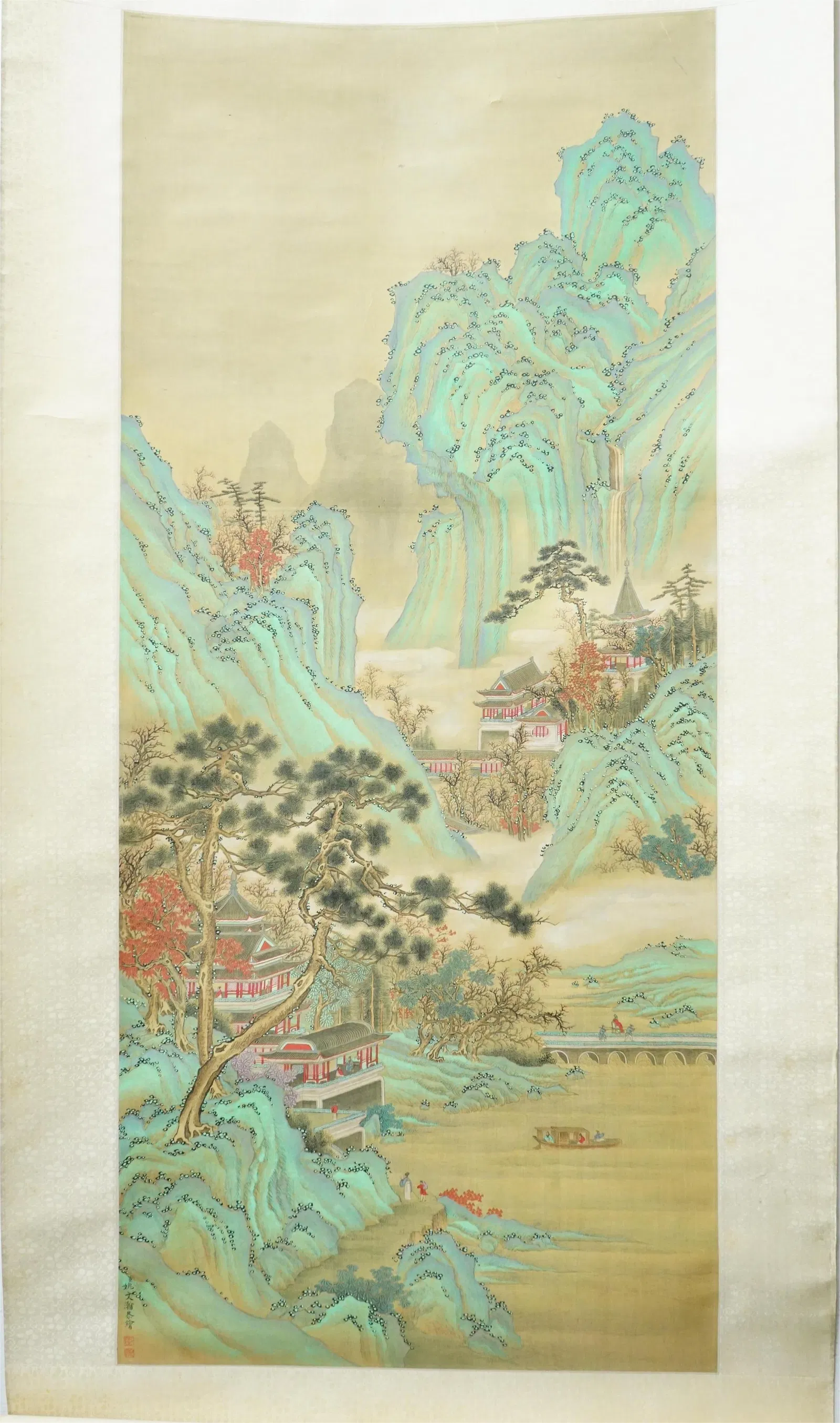 Attributed to Yao Wenhan,Chinese Landscape Painting Scroll, Ink and color on Silk with box