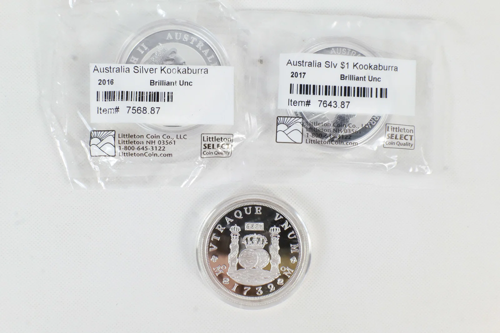 AU 2016-2017 $1 Silver Kookaburras and 1732 8 Reales Medallic Copy