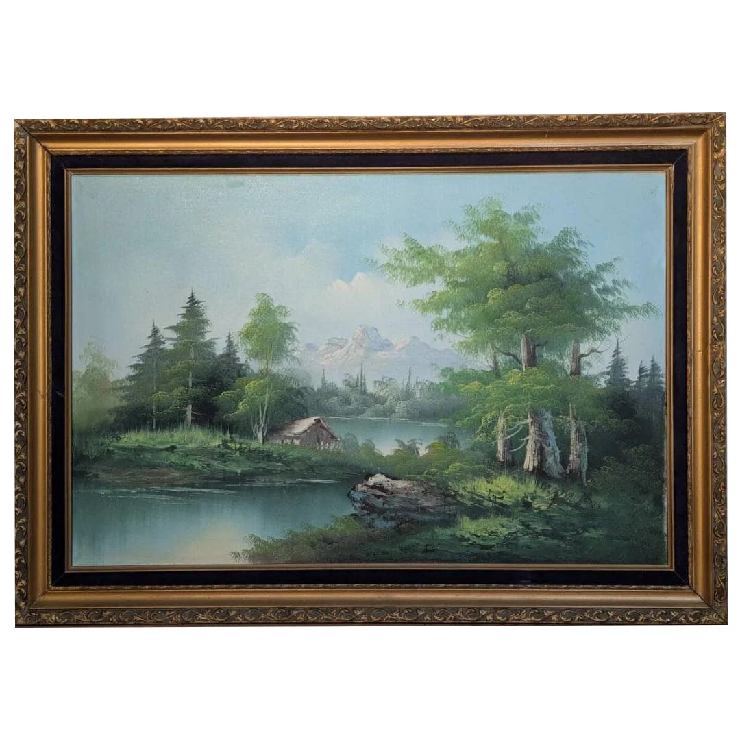 Authentic Artwork: Oil Painting - Mountain Landscape by the Lakeside, Depicting a Cabin by the Water
