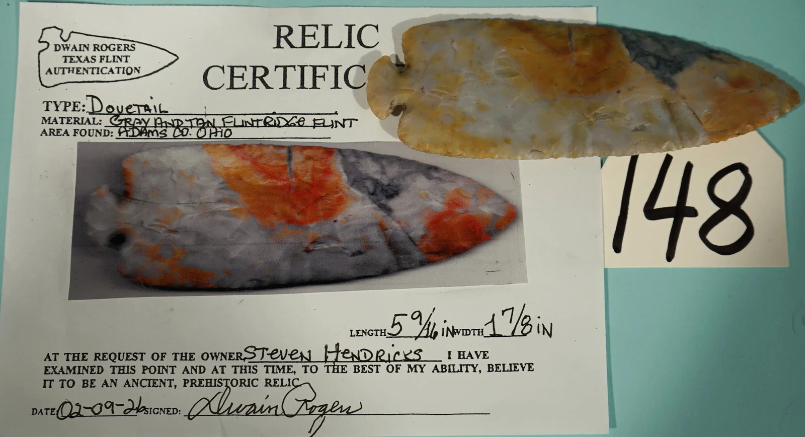 Authentic Large 5 1/2" Top Shelf Beautiful Flintridge Flint Dovetail Spear Point Artifact with Dwain