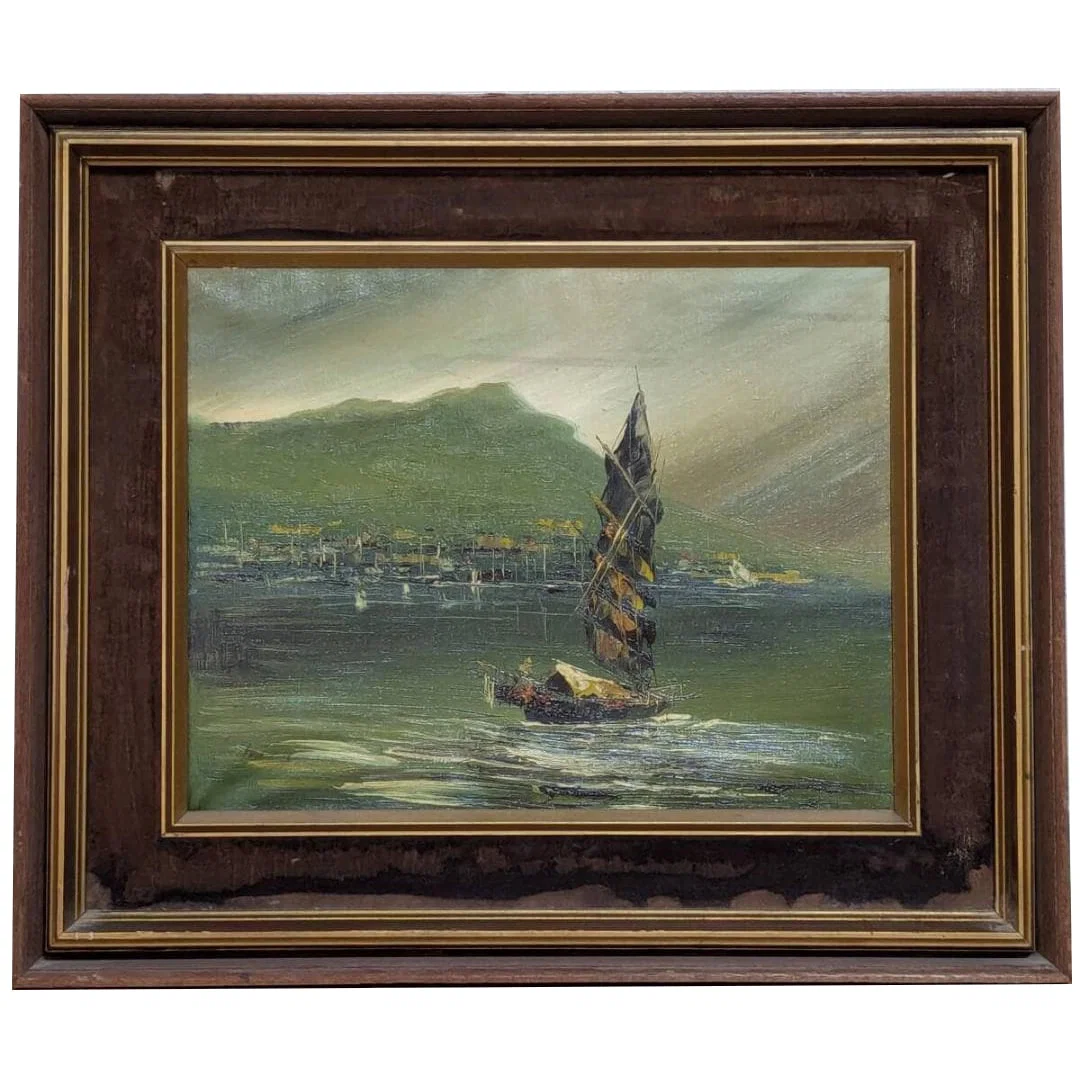 Authentic Oil Painting No. 6, Sailboats and Port Town Scenery