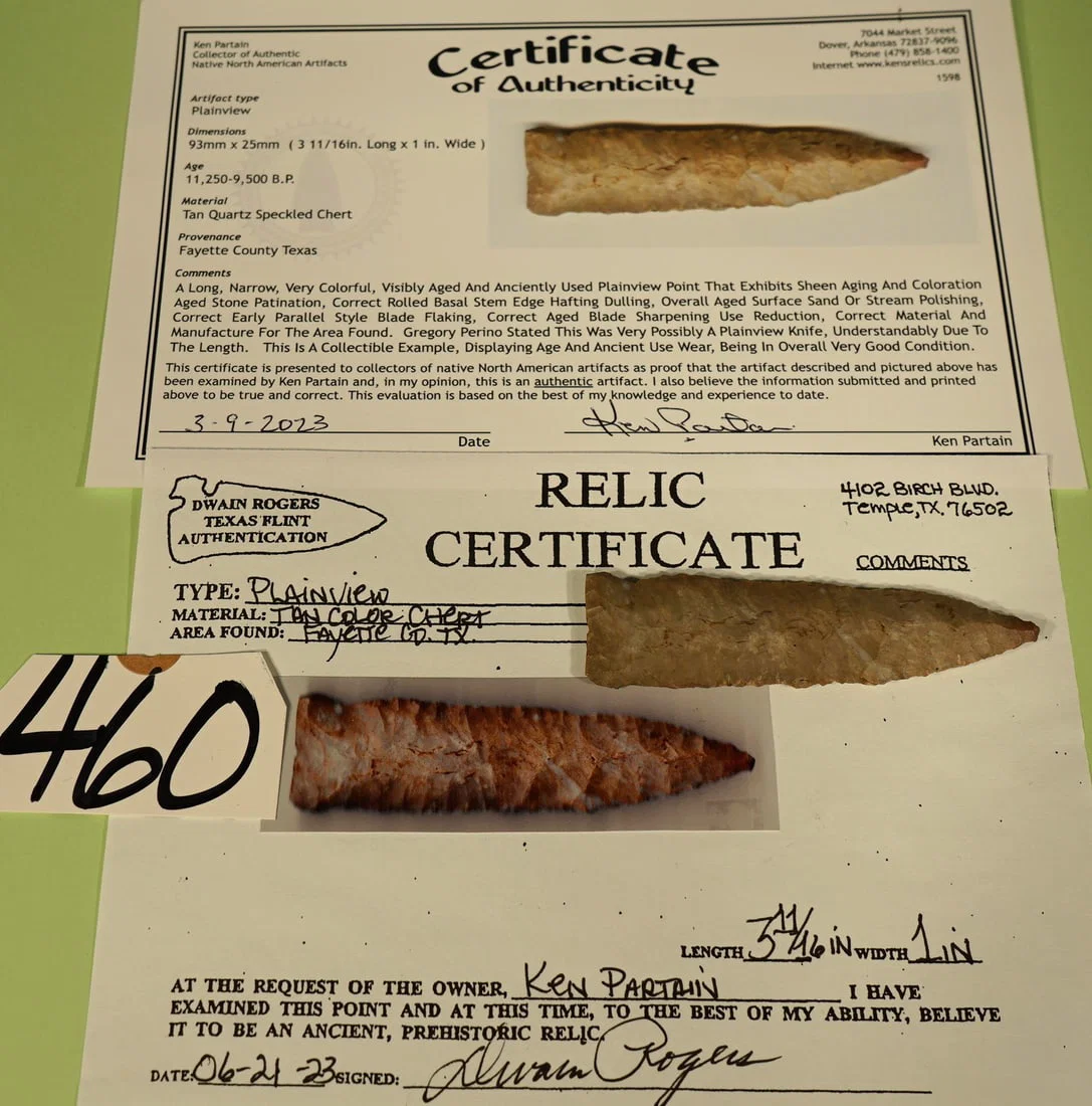 Authentic Paleo Plainview Point Artifact Arrowhead with Partain & Dwain Rogers COA's.